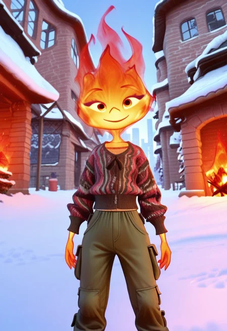 solo, crocheted sweater, 3mb3r_lum3n, fire, looking at viewer, cargo pants, outdoors, winter, smile, legs apart, standing, city