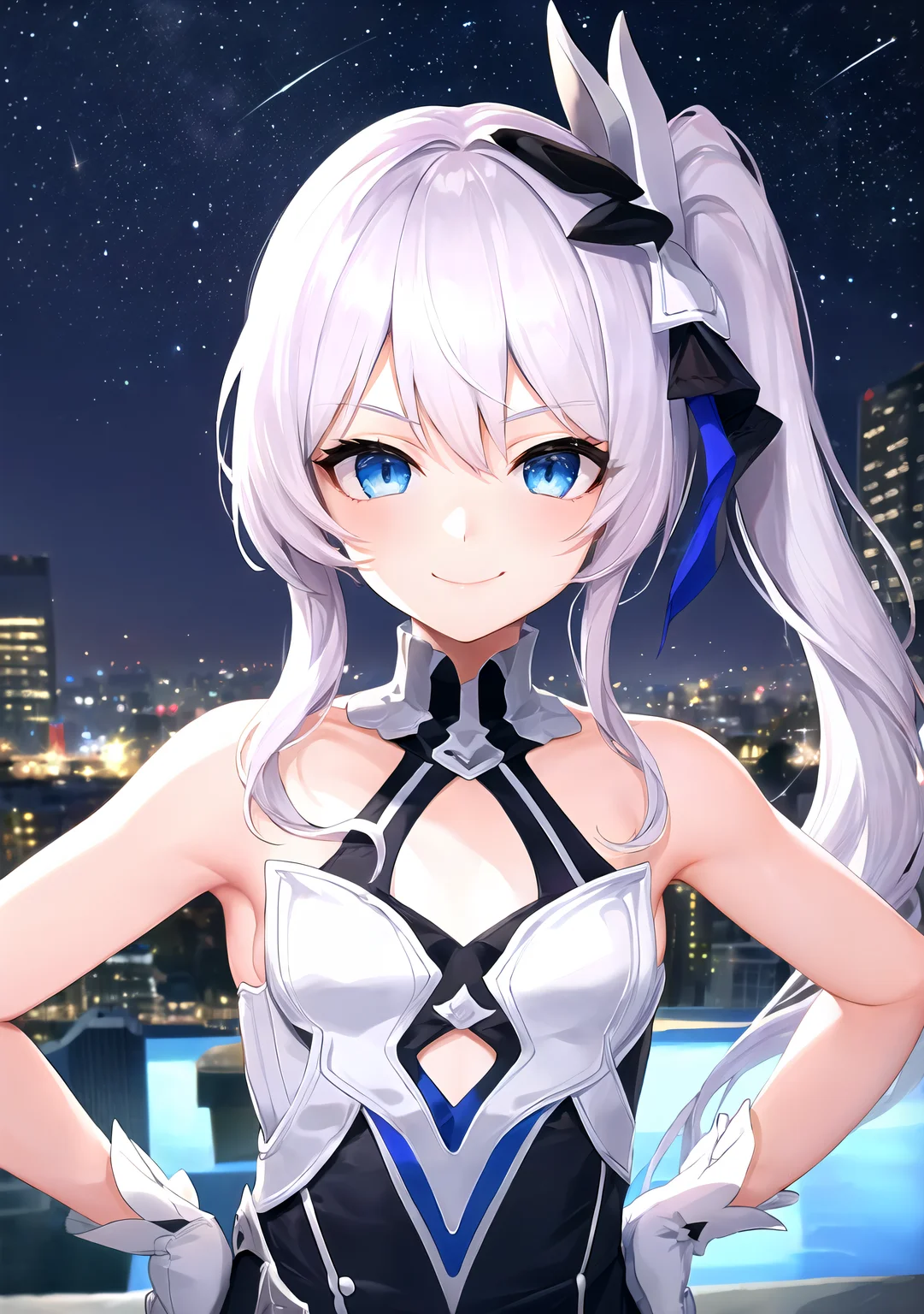 <lora:TeriTP-net-locon-16-16:1>1girl, solo, absurdres, best quality, (smug smile:1.2), white hair, blue eyes, sleeveless dress, hair ornament, black dress, short, side ponytail, long hair, outdoors, nighttime, night, city, stars, starry sky, small breasts, flat chest, white gloves, white stockings, (hands on hips:1.2), (portrait, straight on, POV, looking at viewer, upper body:1.3)