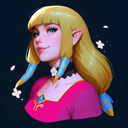 masterpiece, best quality, absurdres, edgChoker, wearing edgChoker, flower choker,lips, looking at viewer,from side,dark theme,smile,1girl,zeldssn11, blonde hair, hair tubes, hair ribbon, low-tied long hair, blunt bangs, blue eyes, pointy ears,cropped torso,pink dress,sparkle,petals <lora:zeldss_n11:0.8> <lora:edgChokerILS:0.7> <lora:knorin_n11:0.6> <lora:ickp_n11:0.8>