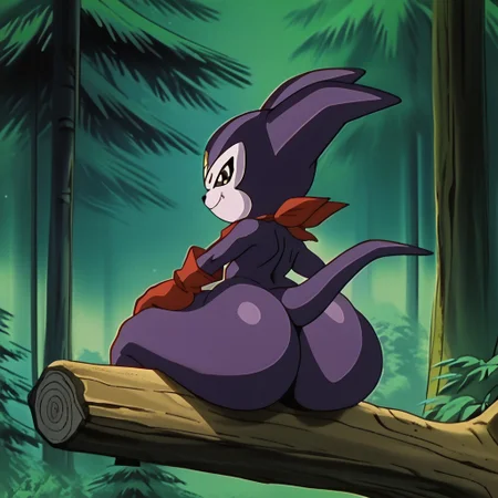 score_9, score_8_up, score_7_up, score_6_up, source_cartoon, 1boy, solo, big ass, massive thighs, schplingnops style, fullbody, wide hips, shortstack, digimon (creature), solo, purple skin, green eyes, red bandana, red gloves, tail, front view, sitting on tree bench, sitting, rear view, ass spread, spreading buttcheeks, shortstack, smug, presenting ass, forest, background forest, pine trees, rocks, vhs filter, retro anime, old anime style, retro anime style, old quality,