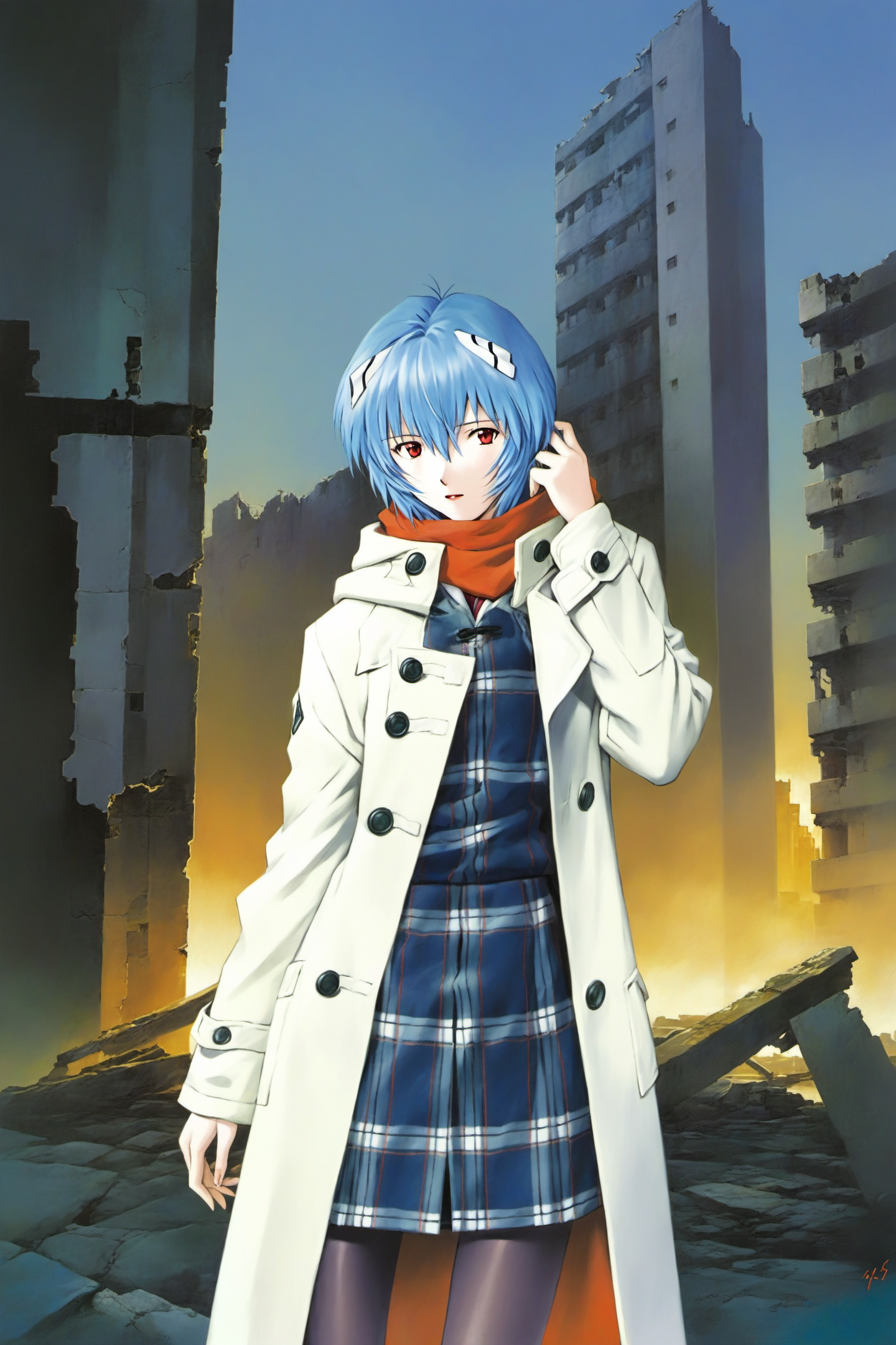 1girl, solo, ayanami rei, ruins, blue hair, coat, red eyes, skirt, plaid, hood, short hair, pantyhose, standing, plaid skirt, hood up, white coat, outdoors, building, looking at viewer, signature, long sleeves, scarf, hair between eyes, hooded coat, bangs, city, open coat, parted lips, <lora:Sadamoto Yoshiyuki_XL:0.8>