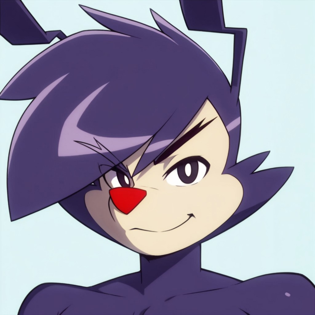 score_9, score_8_up, score_7_up, masterpiece, best quality, highly detailed, realistic,  1boy, solo, (YakkoWB, furry, anthro, animal ears, purple hair, short hair, red nose, black eyes, white pupils, cheek tuft, black eyebrows, purple body, purple chest,  purple fur, white fur, two tone fur), upper body,  blue background, simple background, closed mouth, smile, looking at viewer, Expressiveh