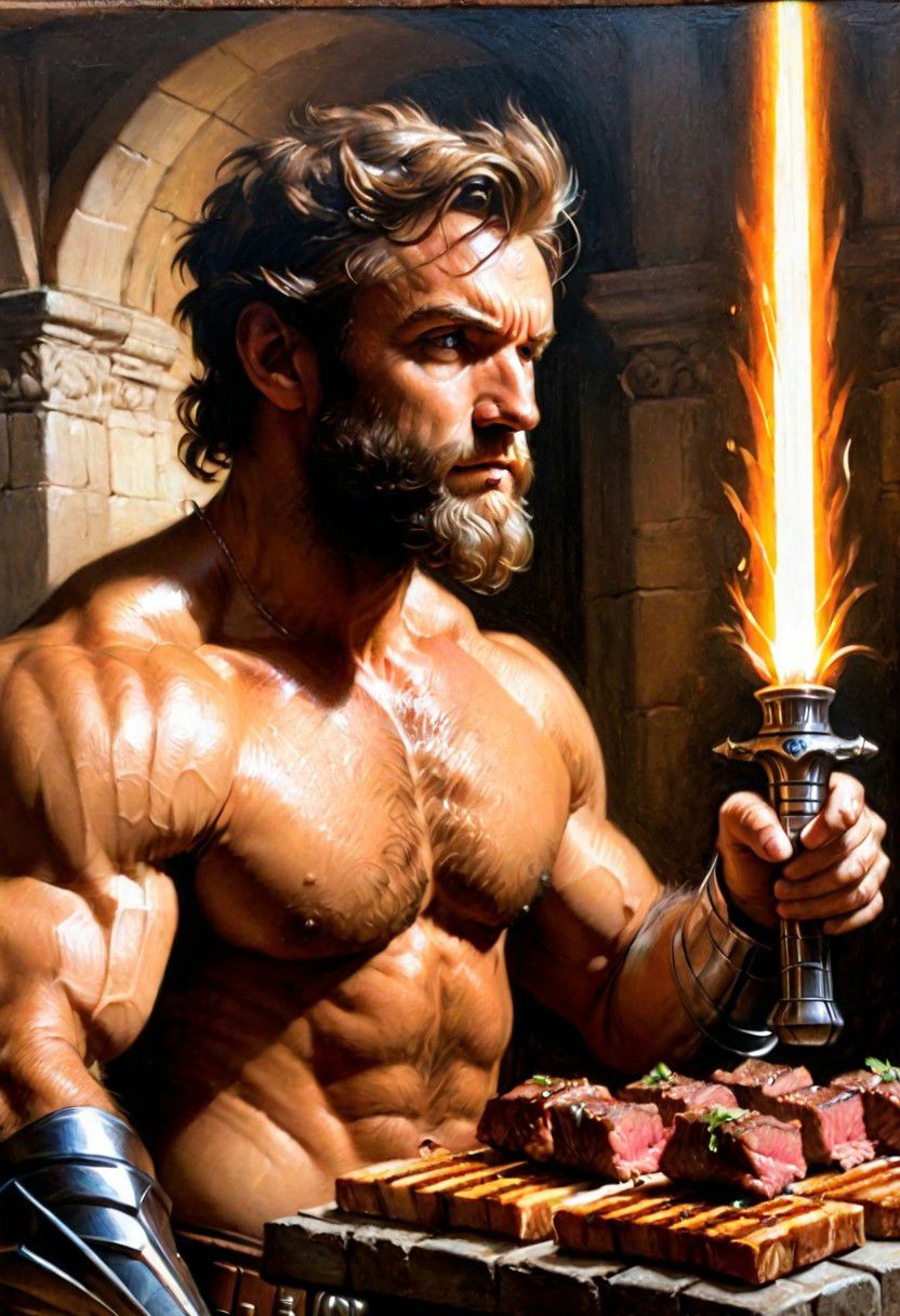 puppy wolverine Obi-Wan, grilling beef on light saber, 
Oil Painting, 
(Renaissance Paintings, Renaissance style, beautiful, painterly, detailed, textural, artistic),  (((intricate details, highly detailed, ultra-detailed, absurdres))), (unreal engine, octane rendering, Anti-Aliasing, sharp focus, natural lighting, high saturation, high contrast, vivid, vibrant, studio lighting, best texture quality), beautiful detailed scenery,
Style-Renaissance