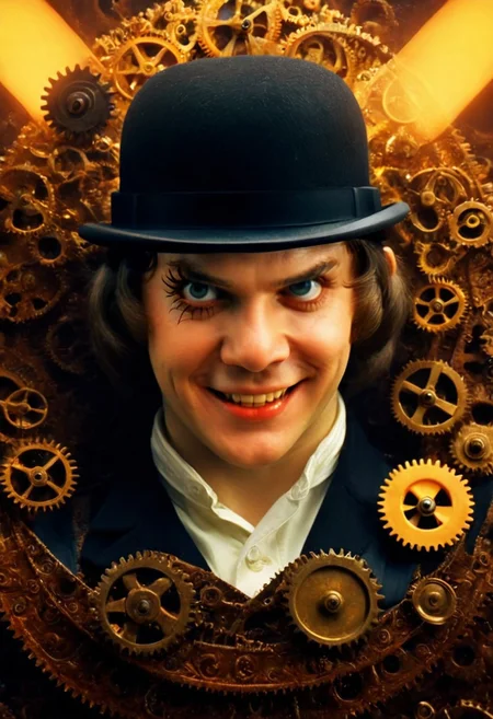 close up photo, In a futuristic dystopian Britain a clockwork orange of roast gears poster with a creep man in a bowler hat, solo, looking at viewer, smile, black hair, 1boy, hat, yellow eyes, upper body ,male focus, grin, black headwear, copyright name, glowing, evil smile, fedora, cinematic, film, kodak, Clockwork Orange film style, background made of roast gears, dramatic lighting, action scene drill straight into the camera, extricate details