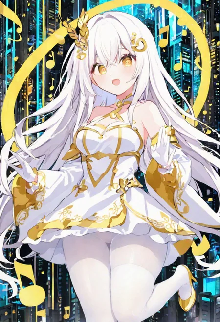 Best quality, masterpiece, sci-fi extremely dark abyss city, music notes, one singer girl with round pert breasts, majestic walk, hands gesturing, adorable pure white long loose hair, simple hairpin, adorable smooth happy face, singing, open mouth, bright yellow eyes, detailed kawaii makeup, beautiful white dress with long sleeves and gloves, slim waist, very short miniskirt, white tights, thick clavicle, thick pelvis, thick hips, thick thighs, heels