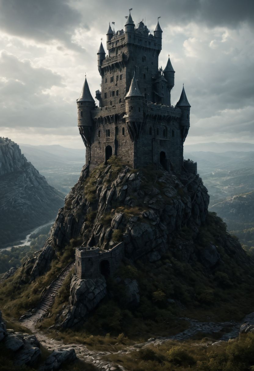 <lora:TheWeirdies_epoch_10:0.78>, epiCPhotoGasm-colorfulPhoto  , advntr ,
score_9, score_8_up, score_7_up, score_6_up, Durlag's Tower was a large tower that was said to be haunted by a powerful entity, as well as one that housed immeasurable treasure. ((game of thrones aesthetic, cinema still from dynamic scene.  stone mountain, dark, incredibly accurate battlements and windows))