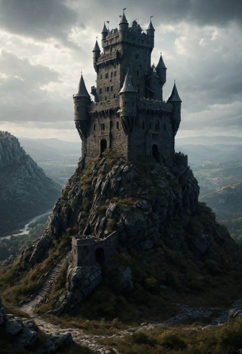 <lora:TheWeirdies_epoch_10:0.78>, epiCPhotoGasm-colorfulPhoto , advntr ,
score_9, score_8_up, score_7_up, score_6_up, Durlag's Tower was a large tower that was said to be haunted by a powerful entity, as well as one that housed immeasurable treasure. ((game of thrones aesthetic, cinema still from dynamic scene. stone mountain, dark, incredibly accurate battlements and windows))