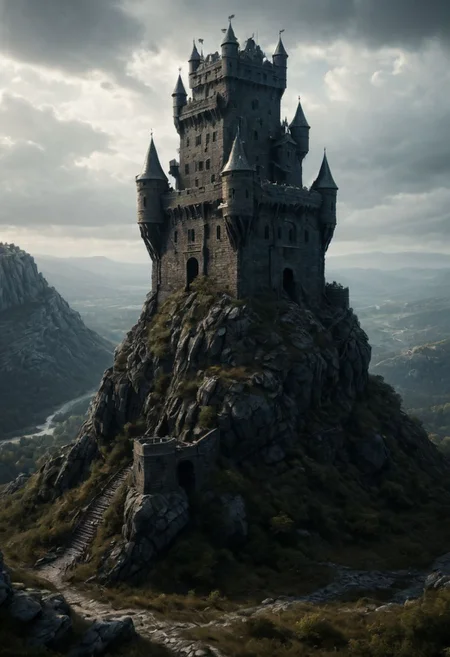 <lora:TheWeirdies_epoch_10:0.78>, epiCPhotoGasm-colorfulPhoto  , advntr ,
score_9, score_8_up, score_7_up, score_6_up, Durlag's Tower was a large tower that was said to be haunted by a powerful entity, as well as one that housed immeasurable treasure. ((game of thrones aesthetic, cinema still from dynamic scene.  stone mountain, dark, incredibly accurate battlements and windows))