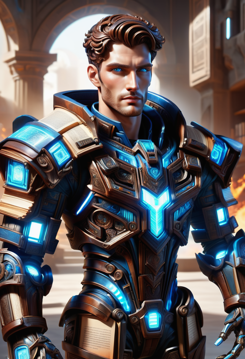 hyper detailed masterpiece, dynamic, awesome quality, DonMB00ksXL male data analyst,  early twenties voluminous, greek, blue eyes, curled ears,   wide jaw,  receding forehead,  sculpted quadriceps,  , mahogany short crop hair, joy, plasma-infused flex, character flexes their arms, showcasing plasma-infused muscles and emitting a faint glow,  wearing  mech-suit leg armor,  holo-silk pullover, stealth-enhanced camo boots, holo-visor, , striking a charismatic pose while entertaining with music or storytelling., ai data processing center,  self-healing concrete, fire bowls,bollard lights, rim lighting, nanopunk, made of books <lora:DonMB00ksXL-000008:1>