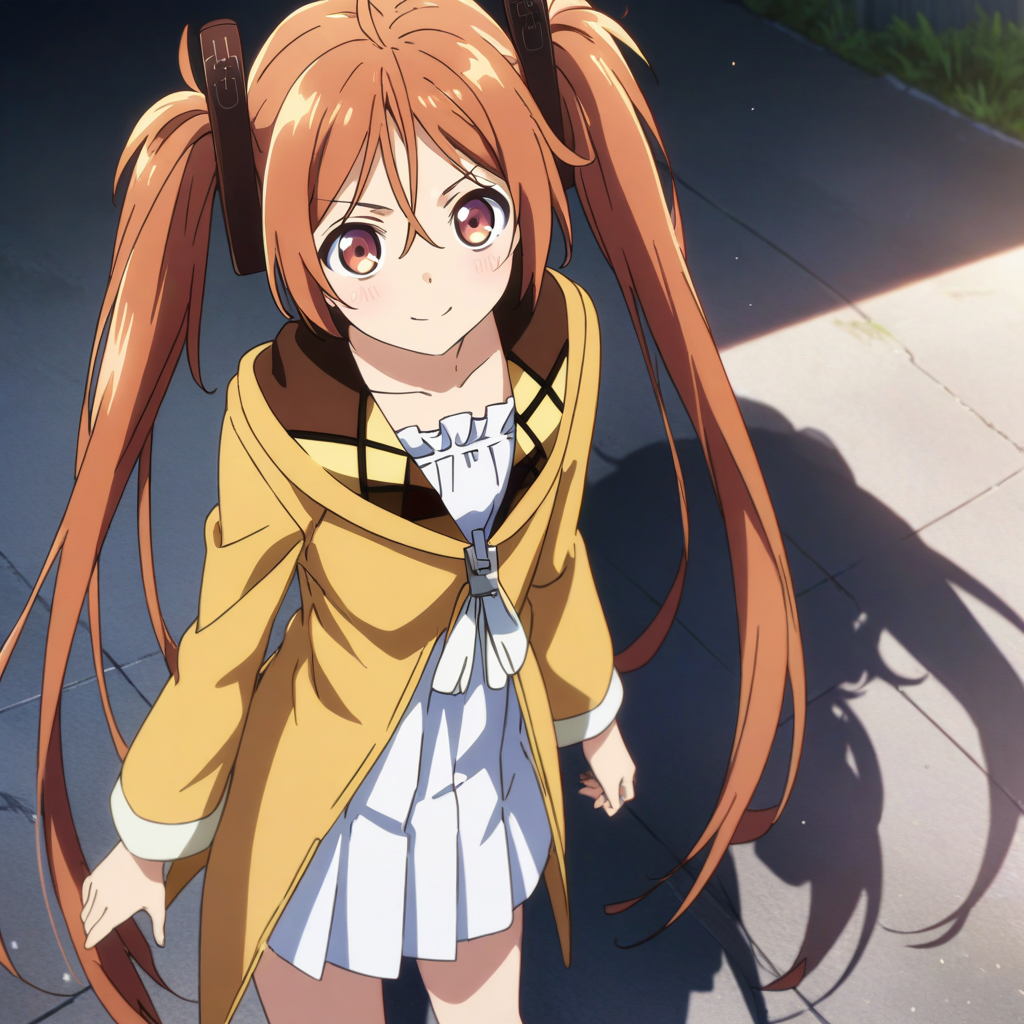 aihara_enju, brown hair, brown eyes, black hair clip, twin tails, long hair, flat chested, white dress, orange jacket, white pleated skirt, cowboy shot, anime coloring<lora:XL-AiharaEnju:1>, (masterpiece),(best quality),(ultra-detailed),(best illustration),(best shadow),(absurdres),(detailed background),(very aesthetic),
