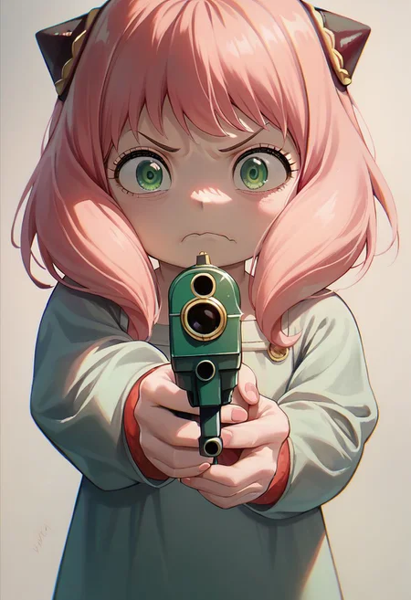 score_9, score_8_up, score_7_up, 1girl, solo, (Anya,bangs, green eyes, pink hair, female child, anya (spy x family),hairpods, child, dress), disgusted face, holding gun, aiming, aiming at viewer, finger on trigger,