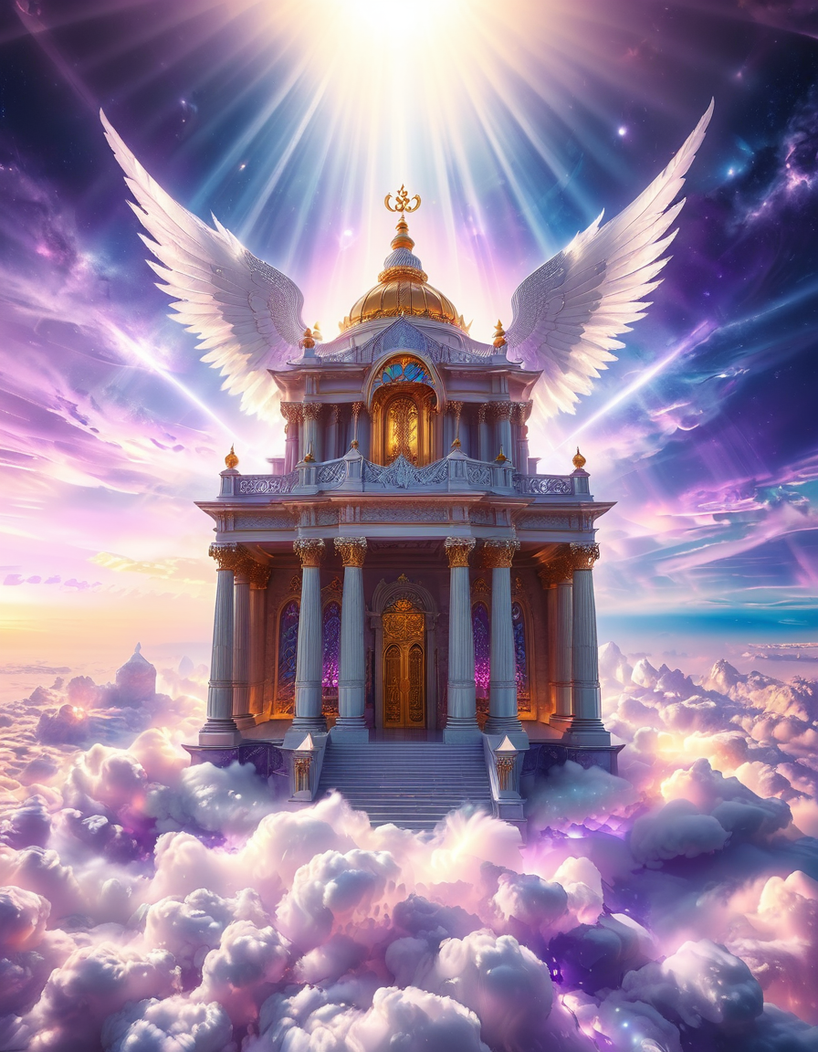 <lora:sky_t3mpl3:1>,cowboy shot,(looking at viewer:1.6),
A fierce warrior angel standing on clouds in front of a majestic celestial sky temple,sky t3mpl3.(arms behind back:1.3), She wears futuristic, sleek black armor with purple accents, blending fantasy and sci-fi elements. Her armor is adorned with glowing, purple gemstones at her chest and shoulders, radiating a soft light that matches the ethereal surroundings. Large, metallic angel wings with a high-tech design extend from her back, with white feathers and metallic frames, combining elegance with strength. She looks directly at the photographer with an intense, focused gaze, creating a powerful connection with the viewer. Behind her, the grand temple is made of gleaming, white stone and crystal pillars, floating among the clouds, illuminated by soft rays of heavenly light. The sky is filled with a soft pink and purple glow, casting a serene yet powerful atmosphere around this divine guardian.<lora:SDXLFaeTastic2400:0.4> <lora:extremely_detailed:0.4> extremely detailed,, Masterpiece,best quality,hi res,8k,hi res,8k,award winning,(sharp focus, intricate, highly detailed),