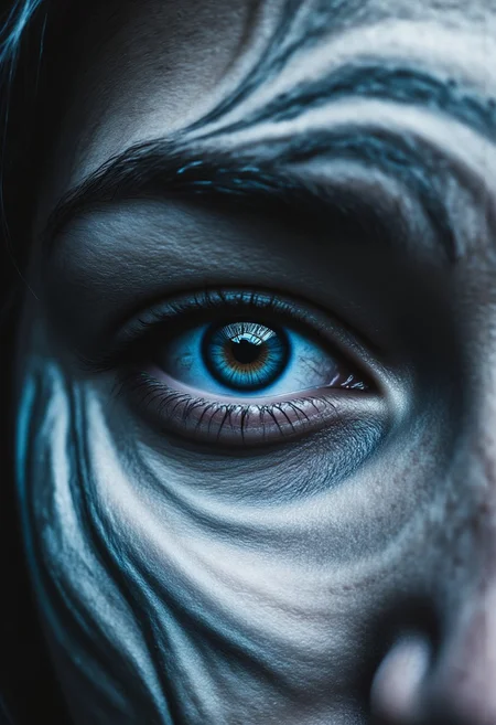 A super close-up of a woman’s eye, the iris turned into a swirling tornado, dark grays and blues spinning wildly with tiny lightning flashes zapping across. The pupil is the storm’s center, a deep black hole, while the sclera has faint cloud wisps. The lighting is a stormy electric blue, captured with a Sony A7R IV, .arw file, making the violent tornado fill the whole frame.
, aidmarealisticskin, aidmamj6.1
