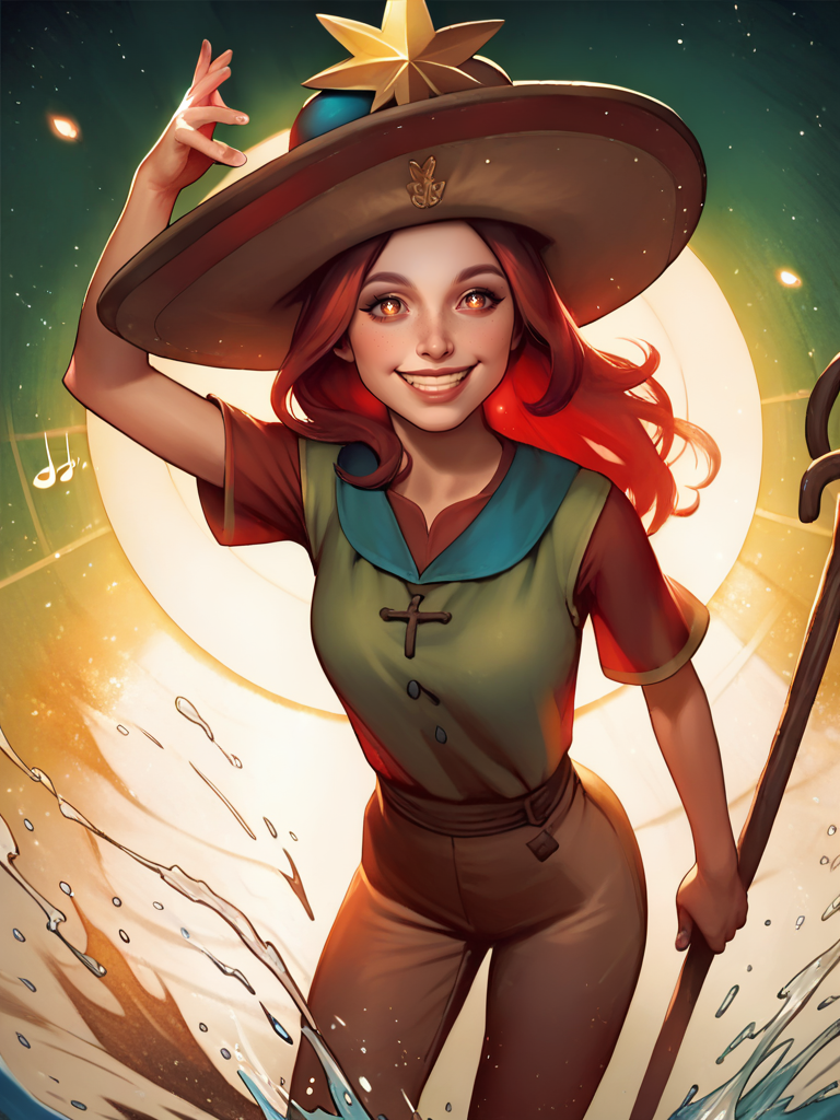score_9, score_8_up, score_7_up, 1girl, musical note, tunic, magical staff, red hair, big hat, epic pose, light smile, bright pupils, particles around, splash art, pants, looking at viewer, cowboy shot, dynamic pose, smile, cute, wide shot, solo, dutch angle, leaning forward, 
 <lora:CrystalFae_Style:0.9>, CrystalXLP,