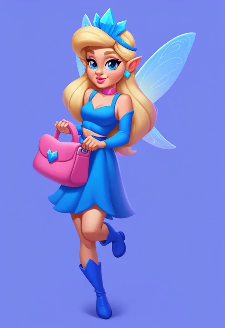 score_9, score_8_up, score_7_up, casual game art style, casual game art, mobile game art, merge 3 game art, character design, casdst, 1girl, blonde hair, solo, blue eyes, pink earrings, jewelry, fairy, blue over-the-knee boots, pointy ears, long hair, fairy wings, blue skirt, detached sleeves, blue crystal crown, blue crop top, pink bag, pink choker, pink lips, standing on one leg, dark blue background, simple background, handslora