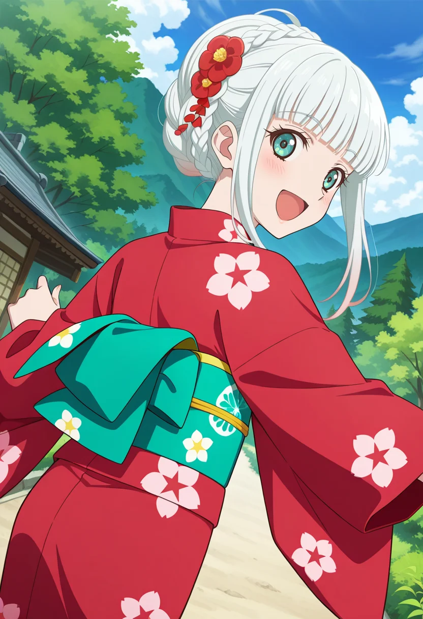 trees, village, clouds, day,
BREAK,
from behind, open smile, looking back, reaching out, blush,
cowboy shot, dynamic angle,
BREAK,
<lora:lailahI_illustriousXL_v04:0.9>
lailahrnd, gradient hair, silver hair, aqua eyes, blunt bangs, tied hair, sidelocks, short hair, braid, 
lailahykt, red yukata, green sash, floral print, 
geta,, source_anime, very aesthetic, anime coloring, masterpiece, 
best quality, amazing quality, ultra detailed, very aesthetic, 
detailed background, 
BREAK,