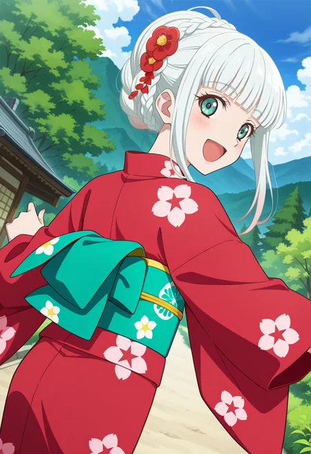 trees, village, clouds, day,
BREAK,
from behind, open smile, looking back, reaching out, blush,
cowboy shot, dynamic angle,
BREAK,
<lora:lailahI_illustriousXL_v04:0.9>
lailahrnd, gradient hair, silver hair, aqua eyes, blunt bangs, tied hair, sidelocks, short hair, braid,
lailahykt, red yukata, green sash, floral print,
geta,, source_anime, very aesthetic, anime coloring, masterpiece,
best quality, amazing quality, ultra detailed, very aesthetic,
detailed background,
BREAK,