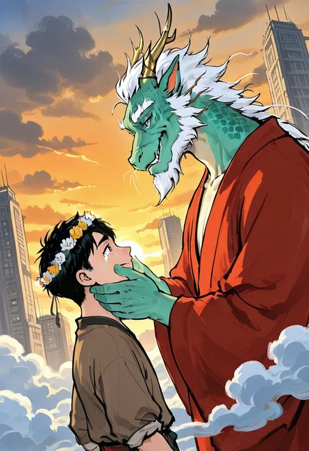 2boys, furry and human, age difference, (upper body:2.0), smile, from side, hand on another's face, dutch angle, on one knee, above clouds, tears, male focus, sad,
BREAK
dragon boy, manly, eastern dragon, green skin, emperor, red robe, brown shirt, feet out of frame, white hair, old, chinese mythology,
large pectorals, (thick thighs:1.2), thick arms,  thick thighs, beard, long sideburns, thick eyebrows, plump, whiskers, head wreath,
BREAK
cloudy sky, above clouds, skyscraper, sunset,
BREAK
30-yo boy, (young boy:0.3), hairless boy, skinny boy, boy with black short hair, handsome boy,
BREAK
best quality, masterpiece, very aesthetic, absurdres, highest detailed, very awa, <lora:Ink_wash_painting_style_v2.0:0.8> traditional media,