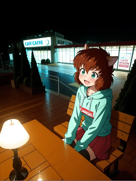masterpiece,best quality,amazing quality,
1girl,solo,
anime screencap,<lora:koto_ilxl_v1.0:1>,koto,brown hair,green eyes,whiskers,fang out,
<lora:commercial_facility_ilxl_1.0:1>,c_f00,night,night sky,sky,bridge,ocean,chair,table,bench,english text,building,cafe,ceiling light,city lights,crosswalk,dark,lamp,lamppost,cityscape,plant,clock,poster \(object\),railing,convenience store,restaurant,shop,road,skyscraper,stairs,street,window,tree,bush,wooden floor,potted plant,face_focus,dutch angle,front view,upper_body,light_blush,from_above,:d,sitting_on_bench,doc_martens,hoodie,black_thighhighs,pleated_skirt,