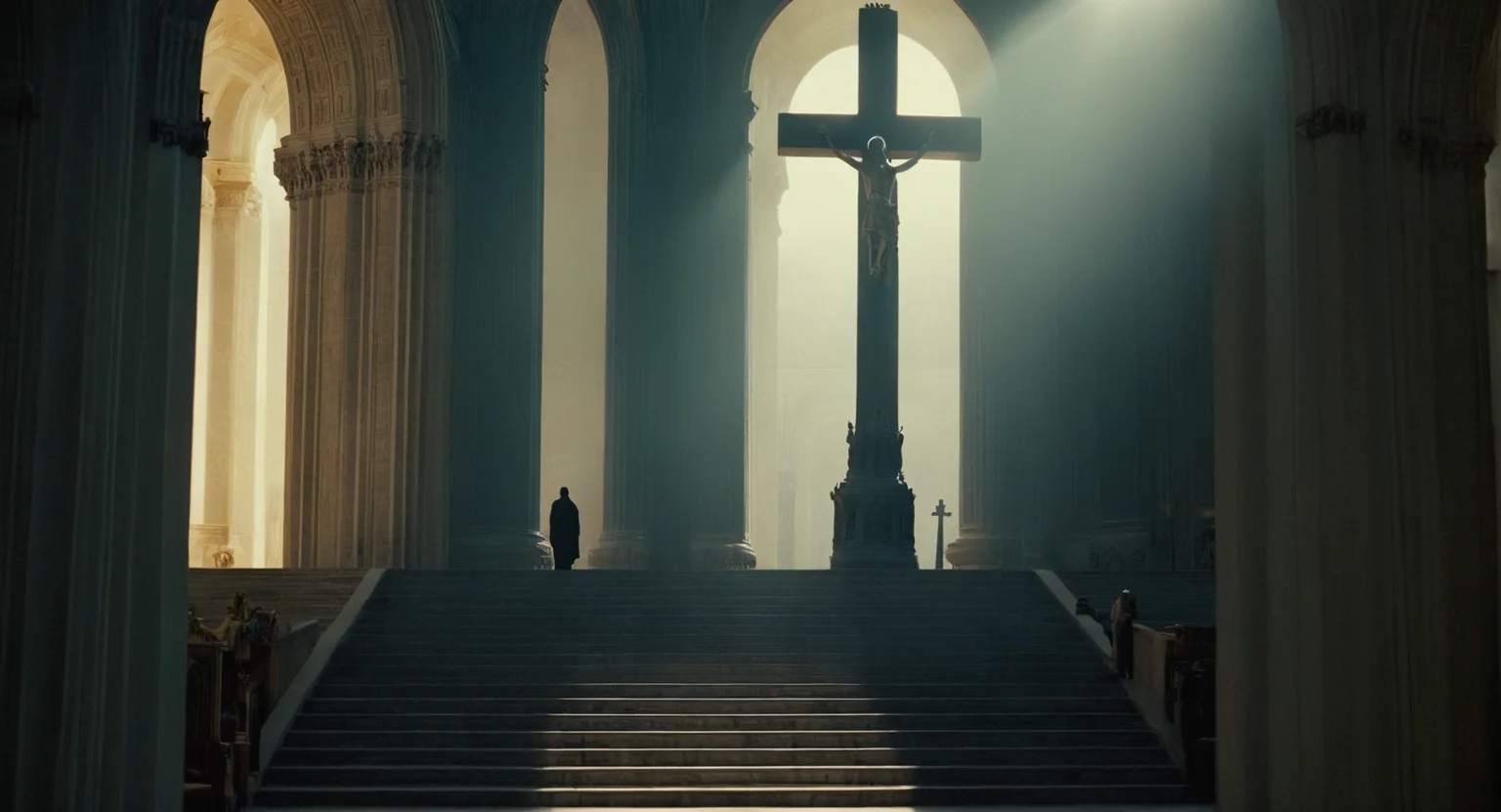 cinematic film still of <lora:Ron Fricke style:1>
a large cathedral with a statue of a person on a cross,indoors,no humans,window,sunlight,scenery,stairs,door,light,architecture,pillar,statue,arch,column , realistic, realism, movie still, film grain, kodak film, film contrast, film color, cinematography, documentary, photography, 70 mm film, 65 mm film, Todd-AO, Todd-AO 35, 8K resolution, Ron Fricke film director style, Ron Fricke film directing style, Ron Fricke style, shallow depth of field, vignette, highly detailed, high budget, bokeh, cinemascope, moody, epic, gorgeous, film grain, grainy