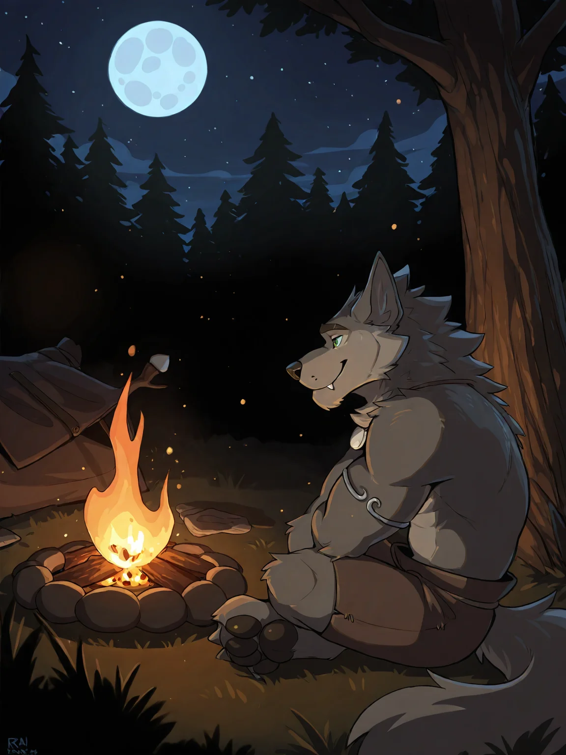 <lora:RanokIL:0.9>, ranok, ranok \(far beyond the world\), solo, male, green eyes, brown shorts, topless, jewelry, male focus, sitting, night, full moon, side view, campfire, looking at campfire, forest, outside,
BREAK masterpiece, best quality, amazing quality, very aesthetic,highres, absurdres, detailed background, detailed eyes, beautiful, particles,