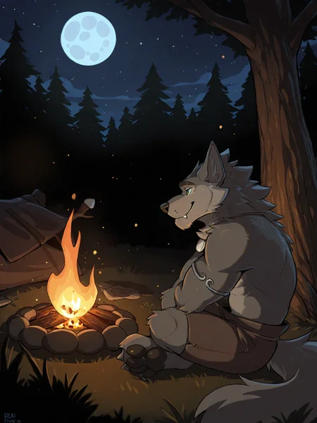 <lora:RanokIL:0.9>, ranok, ranok \(far beyond the world\), solo, male, green eyes,  brown shorts, topless, jewelry, male focus, sitting, night, full moon, side view, campfire, looking at campfire, forest, outside, 
BREAK masterpiece, best quality, amazing quality, very aesthetic,highres, absurdres, detailed background, detailed eyes, beautiful, particles,