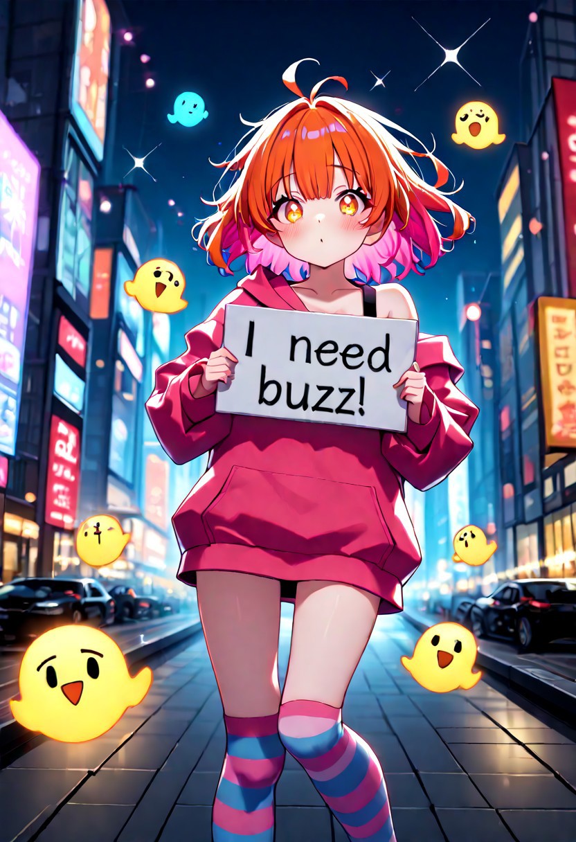 anime girl holding a cardboard sign that says "NEED BUZZ PLZ!", colorful anime illustration, energetic pose, cute pouty face, oversized hoodie slipping off one shoulder, striped thigh-high socks, urban city background with glowing signs and floating emojis, wide angle, vibrant lighting, soft shadows, dynamic pose, sparkles and hearts around her, masterpiece, absurdres, ultra-detailed, 4k, cinematic lighting, whimsical style
need_buzz, holding sign
, dynamic image
detailed hair, eyes, detailed skin, high contrast,