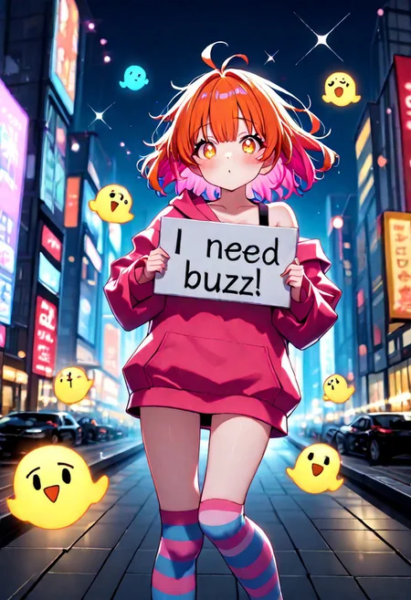 anime girl holding a cardboard sign that says "NEED BUZZ PLZ!", colorful anime illustration, energetic pose, cute pouty face, oversized hoodie slipping off one shoulder, striped thigh-high socks, urban city background with glowing signs and floating emojis, wide angle, vibrant lighting, soft shadows, dynamic pose, sparkles and hearts around her, masterpiece, absurdres, ultra-detailed, 4k, cinematic lighting, whimsical style
need_buzz, holding sign
, dynamic image
detailed hair, eyes, detailed skin, high contrast,