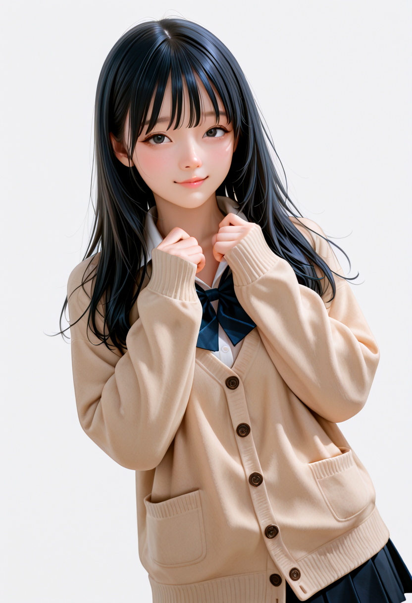 IllusP0s, masterpiece, best quality, amazing quality, very aesthetic, absurdres, newest, ((dynamic angle:1.4)), (detailed eyes),((ultra detailed hair:1.4))
BREAK
1girl, 1girl, ka0ru-1zud,black eyes, long hair,
dark blue school uniform, dark blue blazer, brown cardigan, sleeves past wrists cardigan, dark blue pleated skirt, black pantyhose, brown loafers,
BREAK
((blank background)) ((upper body)),straight-on, small, Cheerful
<lora:Kaoru_-_Izu_Dancer_-_AI_Challenge:0.5>