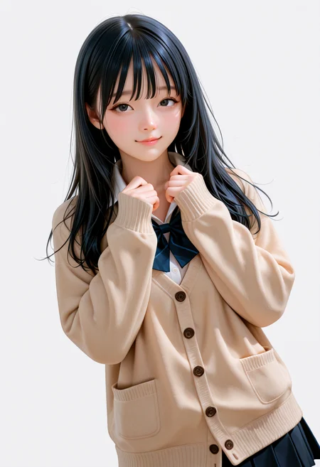 IllusP0s, masterpiece, best quality, amazing quality, very aesthetic, absurdres, newest, ((dynamic angle:1.4)), (detailed eyes),((ultra detailed hair:1.4))
BREAK
1girl, 1girl, ka0ru-1zud,black eyes, long hair,
dark blue school uniform, dark blue blazer, brown cardigan, sleeves past wrists cardigan, dark blue pleated skirt, black pantyhose, brown loafers,
BREAK
((blank background)) ((upper body)),straight-on, small, Cheerful
<lora:Kaoru_-_Izu_Dancer_-_AI_Challenge:0.5>