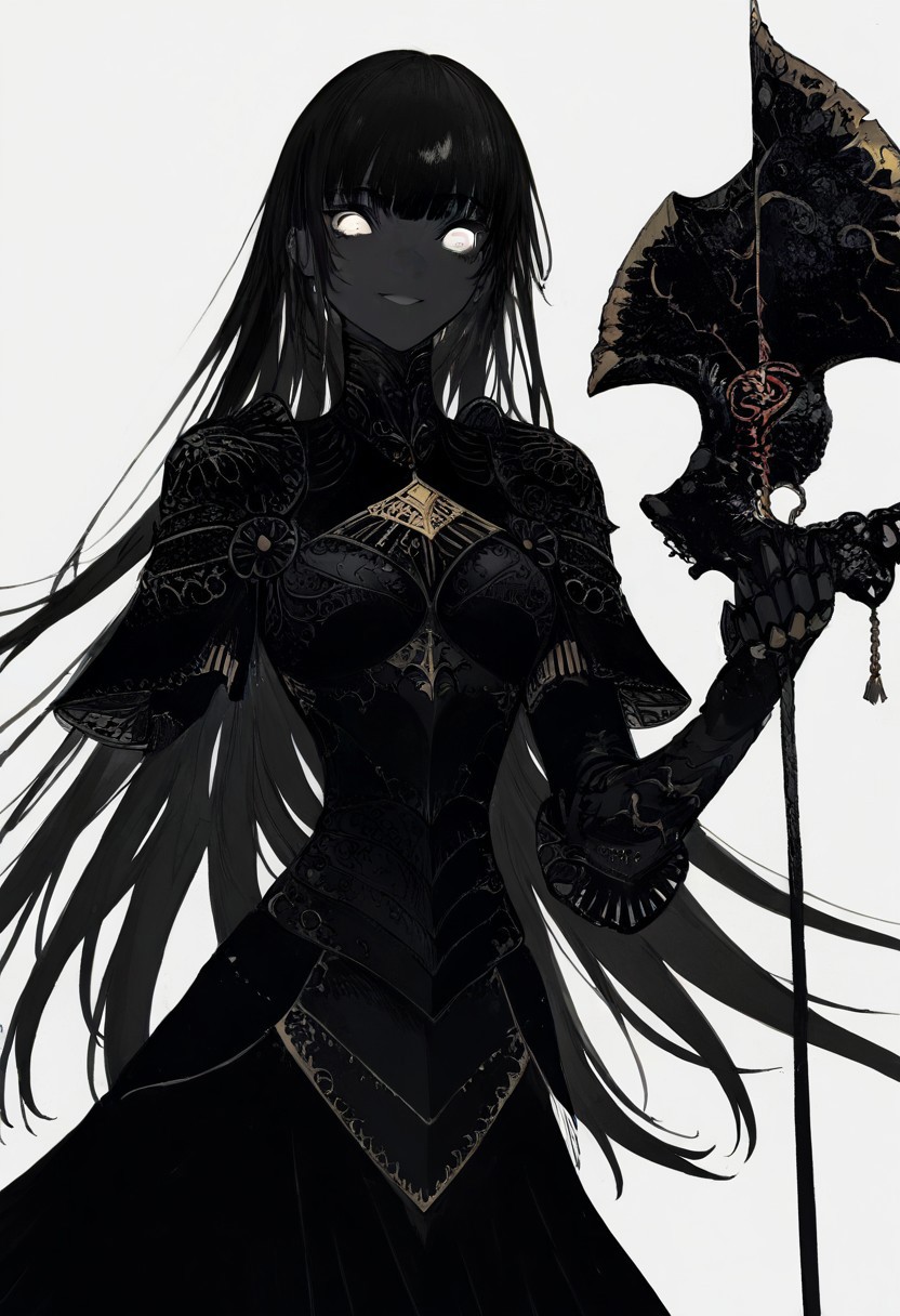 solo, looking at viewer, white eyes, white background, 1girl, long black hair, dark black skin, smiling, black armor, masterpiece,best quality,very aesthetic,absurdres
 <lora:monfornoob:0.95>