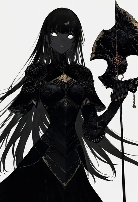 solo, looking at viewer, white eyes, white background, 1girl, long black hair, dark black skin, smiling, black armor, masterpiece,best quality,very aesthetic,absurdres
 <lora:monfornoob:0.95>