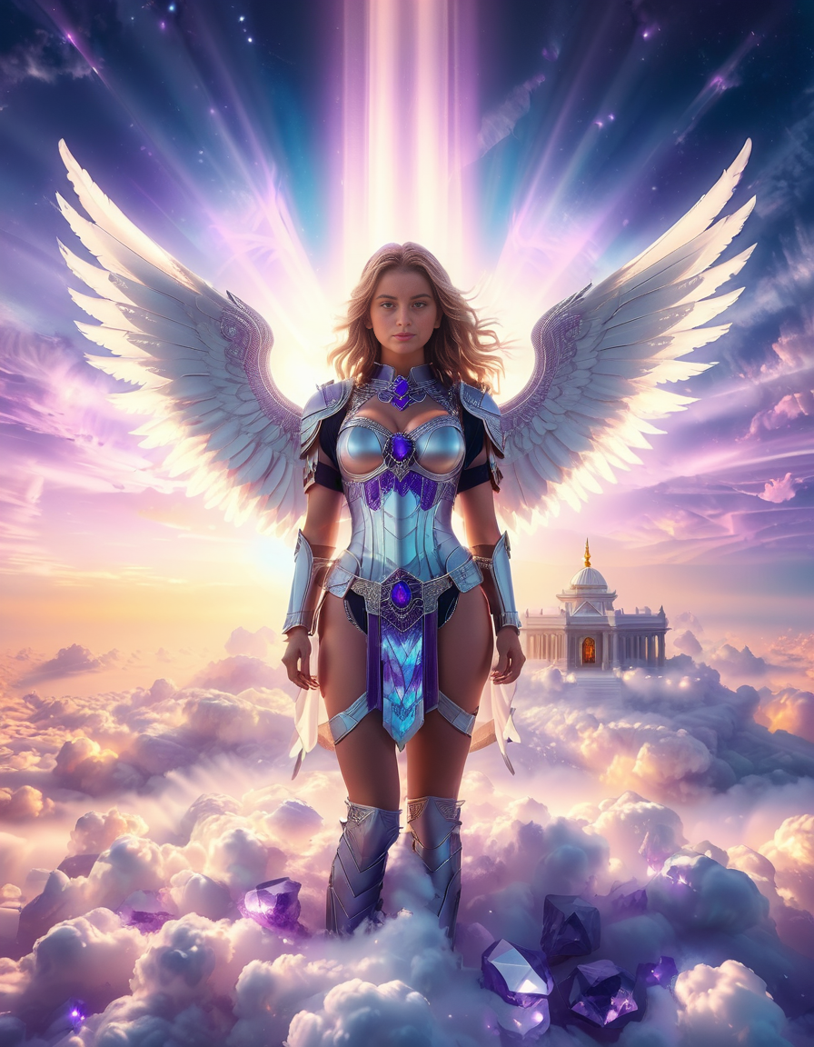 <lora:sky_t3mpl3:1>,cowboy shot,(looking at viewer:1.6),
A fierce warrior angel standing on clouds in front of a majestic celestial sky temple,sky t3mpl3.(arms behind back:1.3), She wears futuristic, sleek black armor with purple accents, blending fantasy and sci-fi elements. Her armor is adorned with glowing, purple gemstones at her chest and shoulders, radiating a soft light that matches the ethereal surroundings. Large, metallic angel wings with a high-tech design extend from her back, with white feathers and metallic frames, combining elegance with strength. She looks directly at the photographer with an intense, focused gaze, creating a powerful connection with the viewer. Behind her, the grand temple is made of gleaming, white stone and crystal pillars, floating among the clouds, illuminated by soft rays of heavenly light. The sky is filled with a soft pink and purple glow, casting a serene yet powerful atmosphere around this divine guardian.<lora:SDXLFaeTastic2400:0.4> <lora:extremely_detailed:0.4> extremely detailed,, Masterpiece,best quality,hi res,8k,hi res,8k,award winning,(sharp focus, intricate, highly detailed),