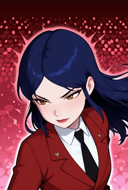 ((cartoon, screencap,,))  <lora:tiffanyos:1> tiffanyos, 1girl, long hair, blue hair, parted bangs, black necktie, school uniform, white undershirt, lipstick, long red jacket, maroon theme, dynamic pose,, masterpiece, best quality, amazing quality, very aesthetic, absurdres, newest,, upper body, halftone effect, white borders, abstract background:1.2,