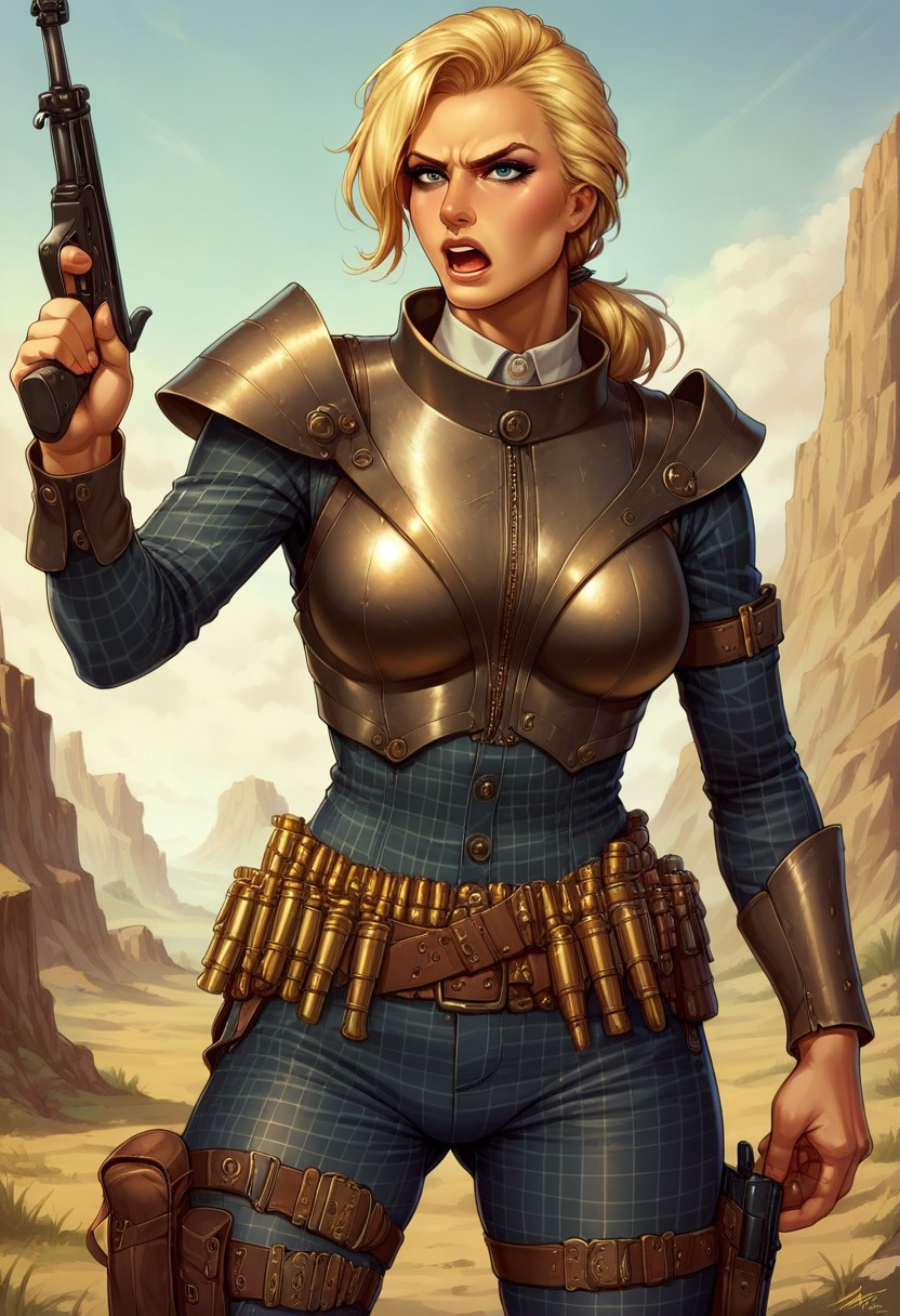 score_9, score_8_up, score_7_up, score_6_up, source_realistic, cowboy shot, BREAK annoyed, screaming, 1girl, Mags, blonde hair, pompadour, low ponytail, lips, makeup, checkered suit, armor, bullet belt, thigh holster, standing, holding weapon, rifle,