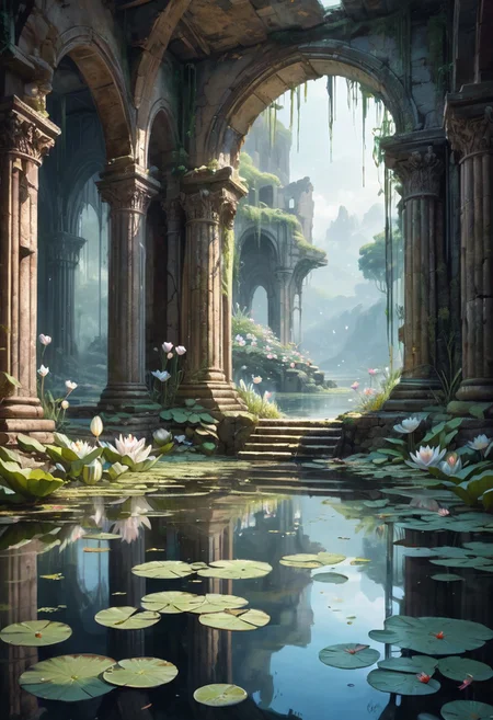 perfect landscape, inside a ruin, water, water lillies, flower, reflection, best quality, realistic, whimsical, fantastic, splash art, intricate detailed, hyperdetailed, maximalist style, photorealistic, concept art, sharp focus, harmony, serenity, tranquility, mysterious glow,  ambient occlusion, halation, cozy ambient lighting, dynamic lighting,masterpiece, liiv1, linquivera, metix, mentixis, masterpiece, award winning,