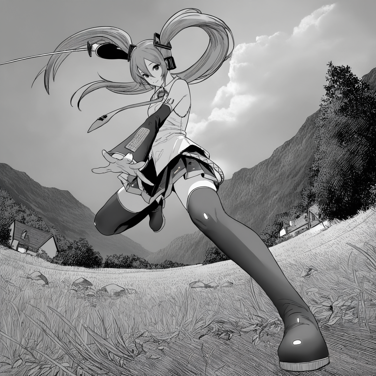 1girl,long hair,solo,hatsune miku,necktie,twintails,skirt,detached sleeves,very long hair,looking at viewer,shirt,thighhighs,boots,thigh boots,pleated skirt,sleeveless shirt,sleeveless,smile,bare shoulders,collared shirt,closed mouth,hair between eyes,hair ornament,miniskirt,headphones,long sleeves,
bush,cloud,day,grass,holding,house,mountain,outdoors,plant,rock,sky,solo,tree,holding sword,katana,foreshortening,dynamic pose,speed lines,fisheye,
masterpiece,best quality,amazing quality,very aesthetic,highres,absurdres,<lora:ftstyle-noob05-v2:1>,ftstyle,monochrome,greyscale,solo,