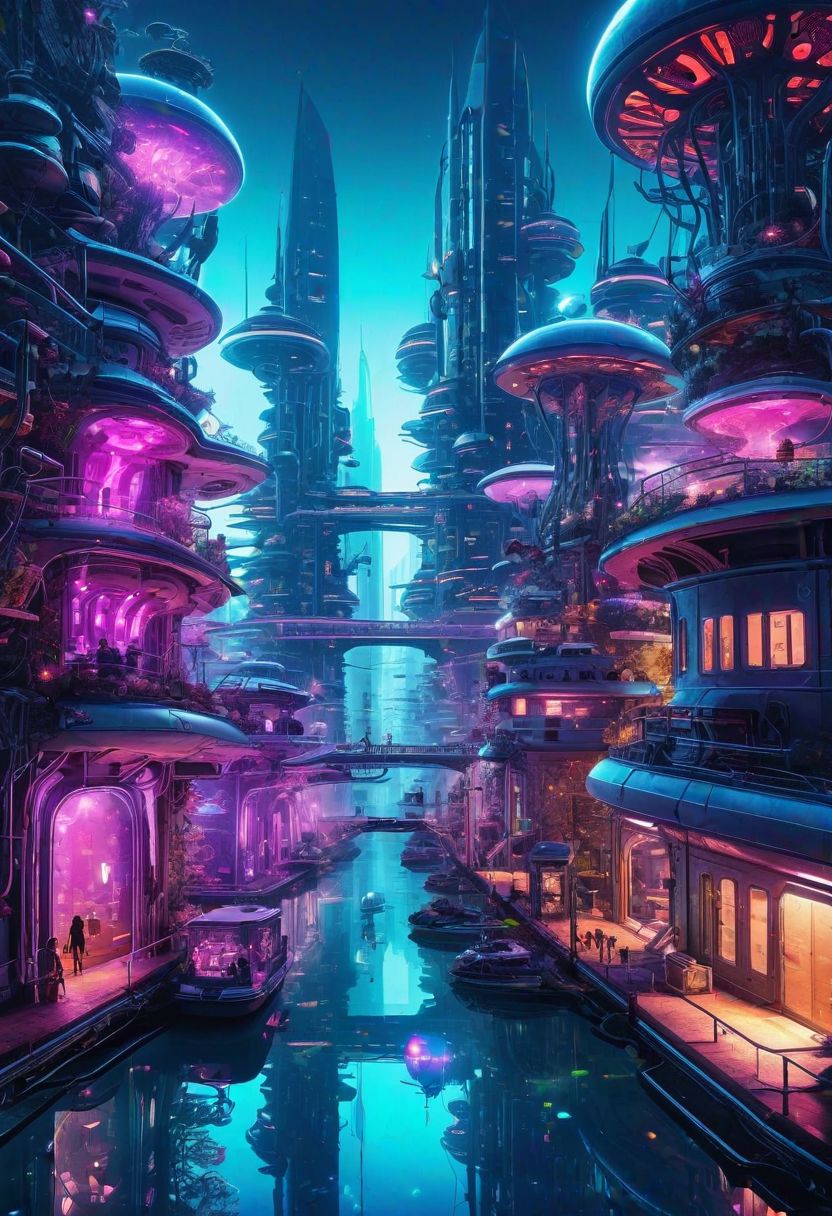 A vibrant underwater city inhabited by cybernetic merfolk, with bioluminescent buildings and aquatic vehicles.