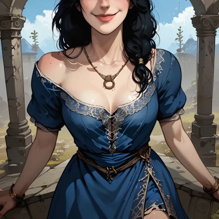 score_9, score_8_up, score_7_up,  BREAK, source_manga, source anime, jolly, skyrim game style,  semi realism, solo, nice smile, (((dynamic angle))), (((admiring sparkling rings and jewelry on own hands))), full body, (((face in frame:1.25)))
BREAK
8K, detailed, deathly pale white female nord of about 30 years old with matching pale greyish eyes with bags under them and small irises.  She has coifed and shiny black hair and slightly toned arms and legs.  She has small breasts and wears a (((beautiful embroidered blue noble woman dress covering cleavage, neck, and shoulder:1.5))), jewelry, light lipstick, aninoblewoman 
BREAK Skyrim village, skyrimlandscapes