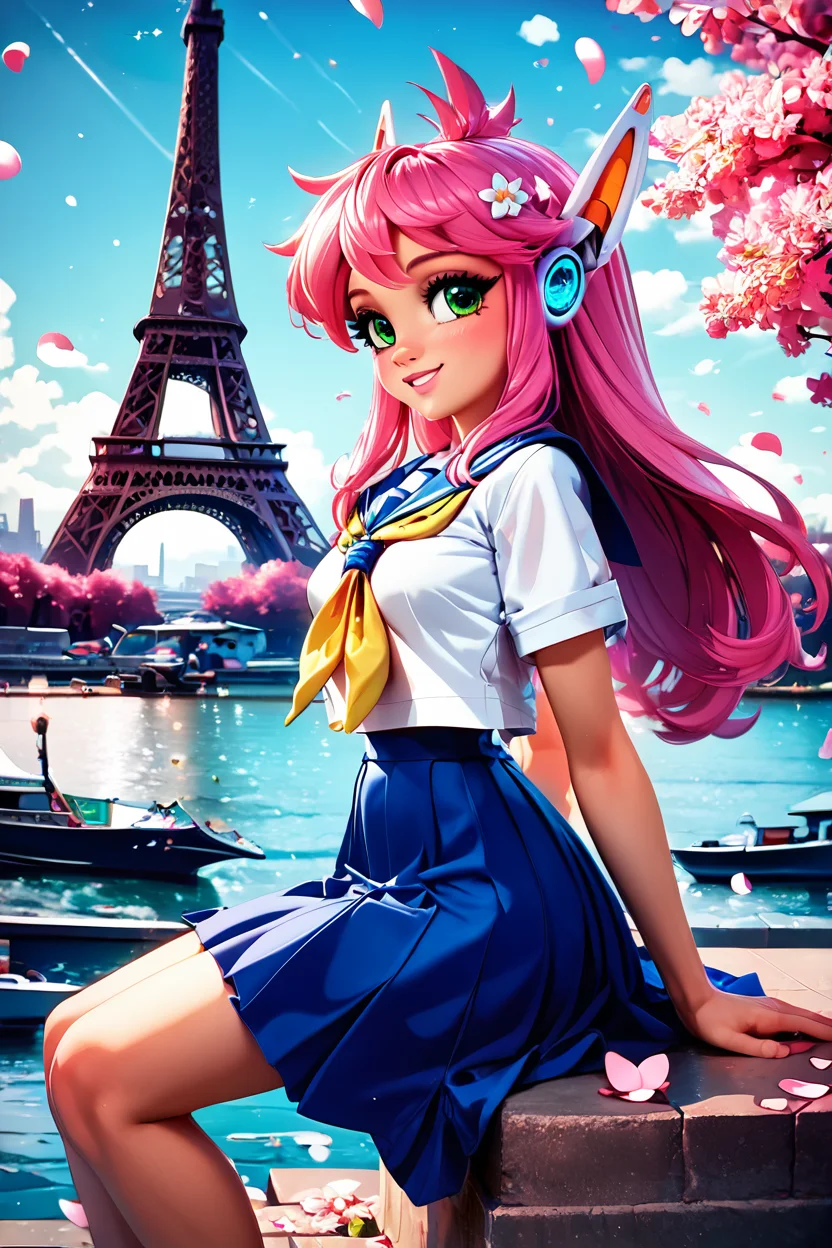 score_9, score_8_up, score_8, medium breasts, (curvy), cute, eyelashes, BREAK, , zzNukuNuku, green eyes, pink hair, long hair, robot ears, school uniform, serafuku, blue skirt, white shirt, <lora:NukuNuku_PDXL:0.8>, , BREAK, zzEiffelTower in background, sitting, watercraft, boat, sitting on wall, side view, looking at viewer, smile, BREAK, blooming stars, luminescent petals, otherworldly fragrance blurry background, embedding:zPDXL, Expressiveh, <lora:EiffelTowerPDXL:0.8>, <lora:CatalystStylePDXL:0.6>, <lora:SDXLFaeTastic2400:0.5>, <lora:Expressive_H-000001:0.4>,