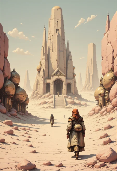<lora:ck-chromatic-crusade_r1-000011:0.8>, in the style of ckcc, oil painting, rough, textural, broad brush strokes, of alabaster and marble temples on a bleached, faded alien landscape, featuring travellers walking towards the nearest temple