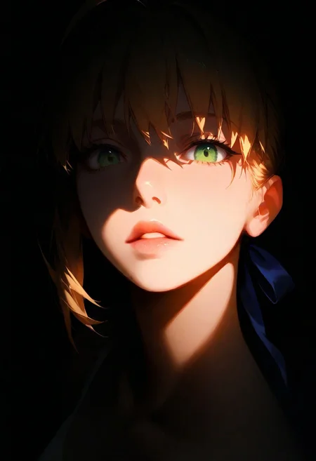 1girl,Saber (Fate/Stay Night), lips, thin lips, parted lips, solo, looking at viewer, camisole, upper body, dark, underlightling, masterpiece, best quality, very aesthetic