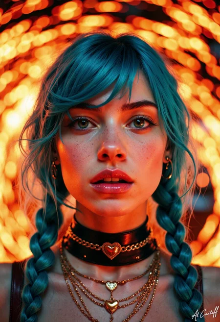 Extreme low-angle shot, 12mm fisheye lens with pronounced barrel distortion, intense motion blur on hair and background flames, very shallow f/1.4 depth of field. A young woman with piercing emerald green eyes and a nose ring stares intensely into the camera, her face illuminated by fiery orange and red hues. She has bright blue hair styled in two long braids down her back, with a black leather choker around her neck and multiple delicate gold chain necklaces adorned with tiny heart-shaped pendants. Her skin has a pale, almost translucent quality, with sharp cheekbones and a small, rose-colored lip gloss accentuating her features. The background is a swirling vortex of orange and red flames, with sparks and embers dancing through the air. Artistic style is a blend of cinematic and surreal, with a focus on dramatic lighting and intense color saturation.<lora:CustomFlux/MysticRealism.safetensors:1.0000000000000002:1.0000000000000002>