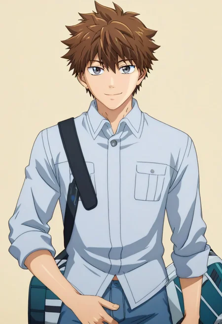 ((masterpiece)), ((best quality)), ((ultra-detailed)), score_9_up, score_8_up, score_7_up, HD, top quality, best quality, High-quality illustrations, anime screencap, perfect anatomy, 1boy, 1male, solo male, one male only, one person only, single person focus, single male focus, anime, male anime character, anime boy, B-Cell, brown hair, grey eyes, plain white shirt, handsome, cute, attractive, face focus, close up shot of face, face profile shot, simple smile, front view, front shot, facing front
