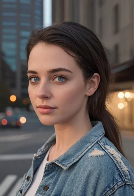 30yo woman posing for pic in front of tall building.
Blue eyes. small perfecteyes
Wearing ripped Denim jacket red trucker hat
no makeup. Clear skin. realistic skin style
Long dark black slick back hair. No makeup. Dusk, Street light. Looking at camera POV. Slight smile, tilting head.. Tilt head.
Medium Close Up shot. Bokeh. Bokeh light.
