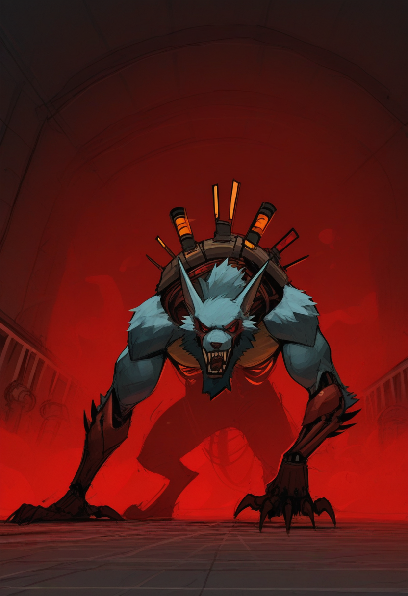 a13xstyle, sketch, graphic novel, masterpiece, best quality, solo,                                                                                          warwick, monster, closeup of face,  red mechanical vial tube pumps attatched on its back,  biceps. bronze claw,  claws, Pointy ears, Pectorals. fangs, teeth, red eyes,  yellow scelera, sharp teeth, jaw open, sharp claws, dark-blue fur, beard.  prison hallway, red smoke, rage, dark, moody, shrouded around red mist, 