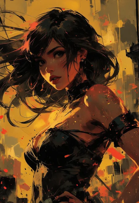 in the style of ck-mgs, nistyle, Special Ink-drawing mode, intricate linework with expressive contrasts, Mh1$AgThS2, Inkplash art on rice paper, sepia, in golds and reds , Silhouette Art, magnificent, inksplash closeup portrait of sultry asian woman, flowing black hair, evening gown, dark eyeshadow, red lips, abstract background, direct gaze