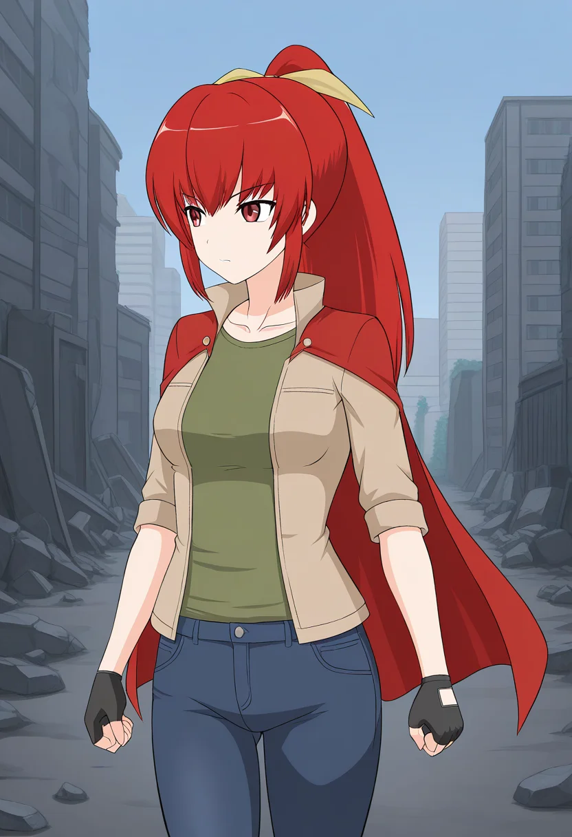 1girl, solo, satsukirindorival, red hair, ponytail, hair ribbon, red eyes, headband, beige jacket, popped collar, open jacket, green shirt, black fingerless gloves, denim pants, red cape, cowboy shot, walking, city, ruins, looking away, stern