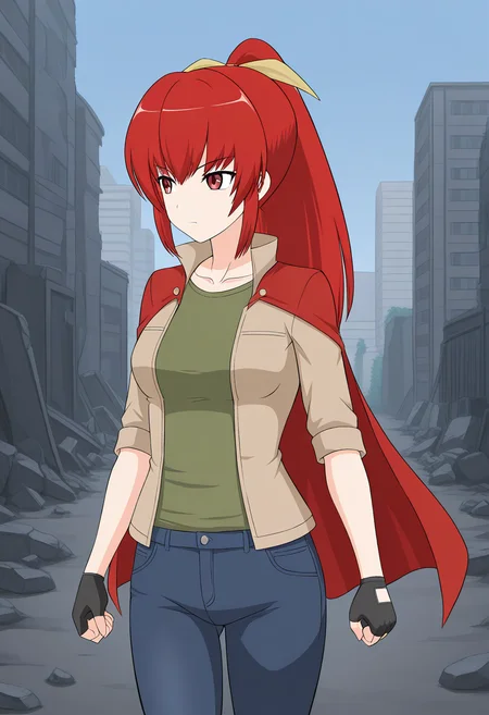 1girl, solo, satsukirindorival, red hair, ponytail, hair ribbon, red eyes, headband, beige jacket, popped collar, open jacket, green shirt, black fingerless gloves, denim pants, red cape, cowboy shot, walking, city, ruins, looking away, stern