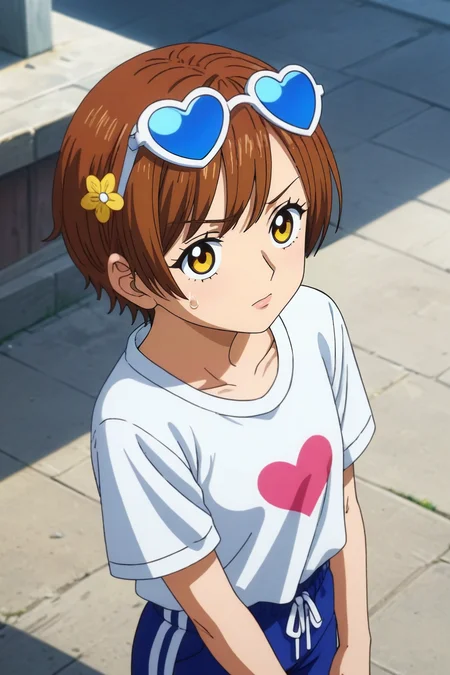 score_9, score_8_up, score_7_up, source_anime, rating_safe, , , , , 1girl, yellow eyes, ash brown hair, silver shirt, sweatpants, heart hair ornament, sunglasses, solo, from above, venice, gondola ride, day, sunny, pose, :o, <lora:one_piece_wano_style_pony:0.76>, one_piece_wano_style, anime screencap, , <lora:sdxl_lightning_8step_lora:1>